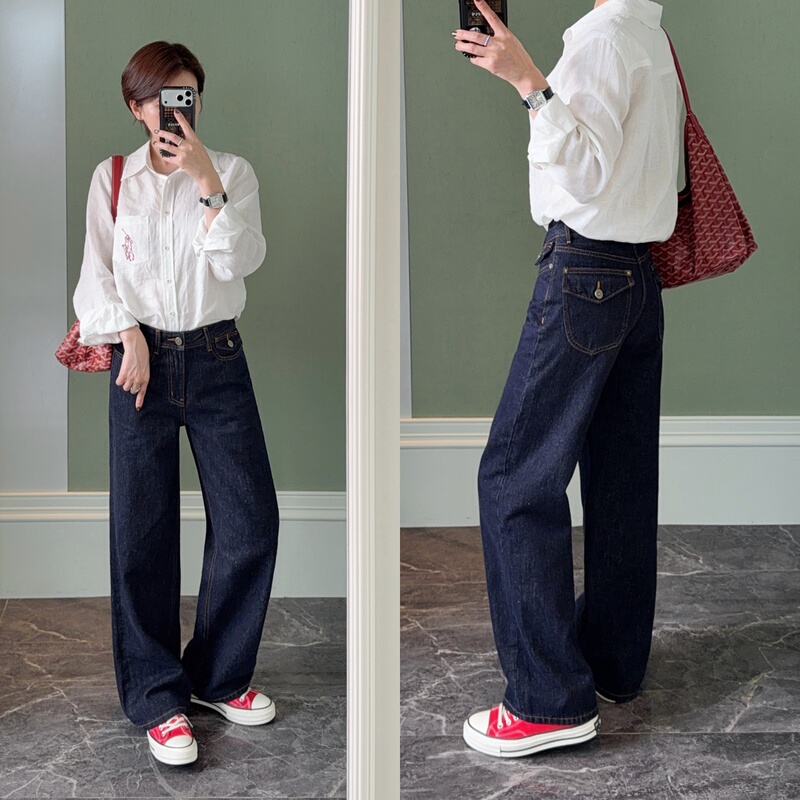 Super Slimming Pocket Design Narrow Straight Wide-Leg Jeans Floral Boxy Jeans 2026 Autumn New Style 68612
