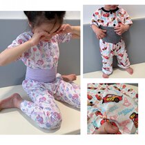 Export Japanese summer childrens thin cotton mesh eyesBaby household clothesAir conditioned belly-shirt suit for boys and girls
