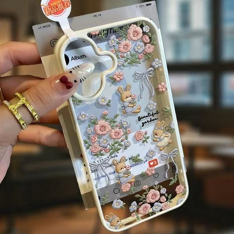 Rabbit Flower Design Suitable for Apple 17 Pro Max Phone Case, New Acrylic Model for 15, 2-in-1 for 14 Pro, Women's Model for 13, Creative Design for 12, 11 Xr