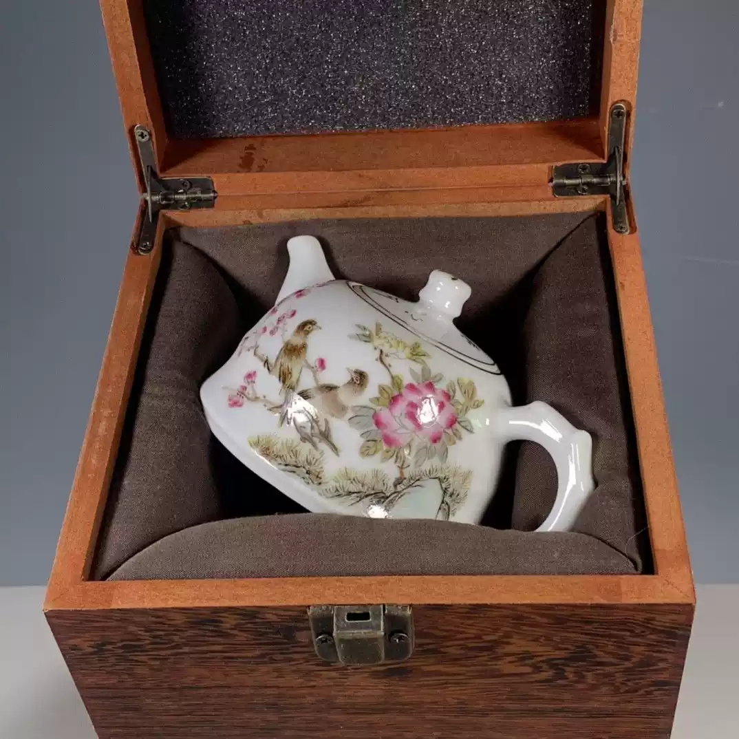 古玩精品清代同治年制五彩粉彩博古图查义鼎花提梁水壶茶壶茶具