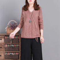 Clothes all Gagger Art knitted cotton beaten bottom draw rope V collar pure color loose blouse Fall long sleeve Female sleeve head