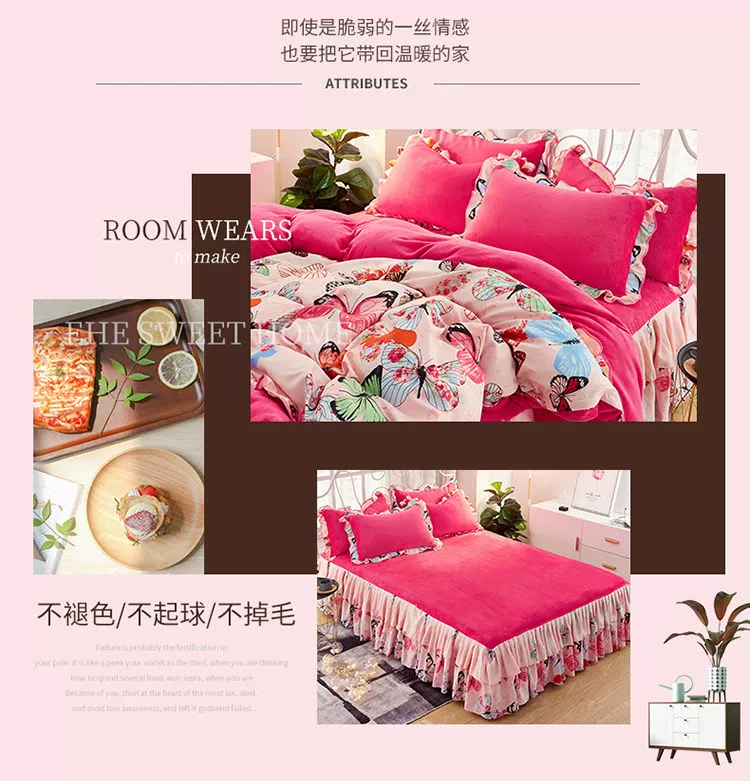 Phiên bản Hàn Quốc của váy ngủ flannel bed bốn bộ mùa đông san hô lông cừu đôi nhung dày ấm áp chăn nhung