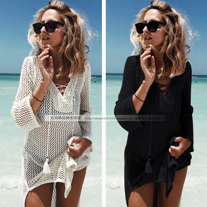 Seaside Holiday Skirt V Collar Hollowed-out Needles Bikini Swimsuit Hooded Mid beach Beach Skirt Sunscreen Woman