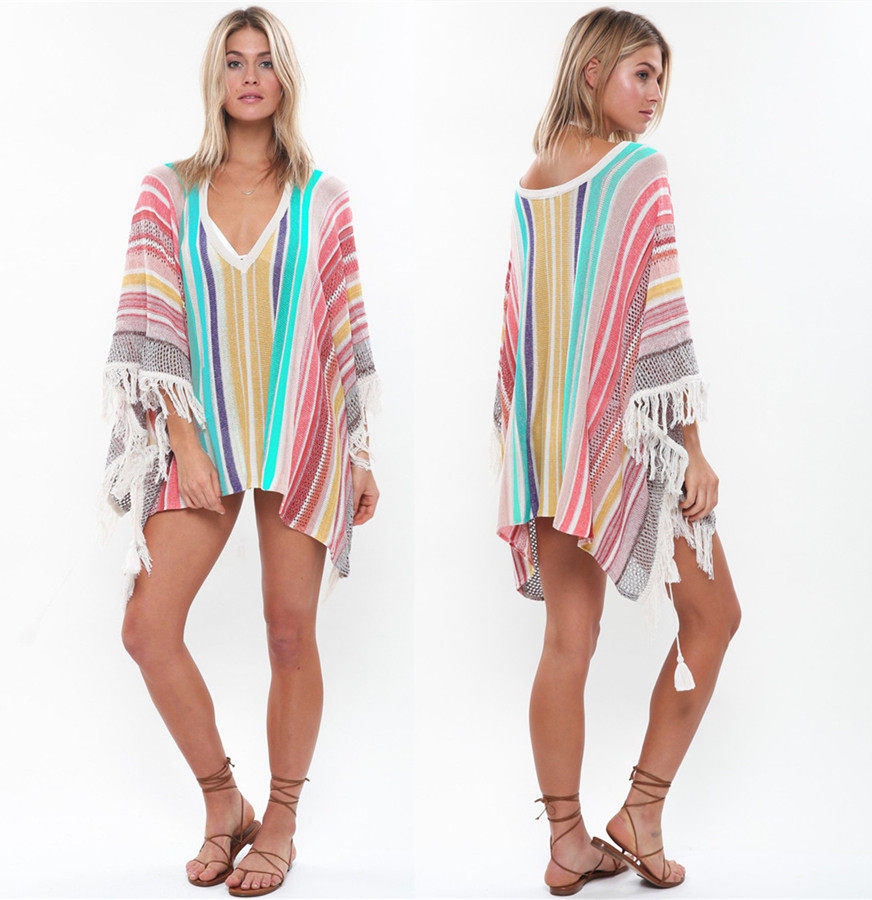 Europe and the United States sexy V-neck striped fringed sweater holiday sun protection shirt bikini swimsuit beach jacket overcoat
