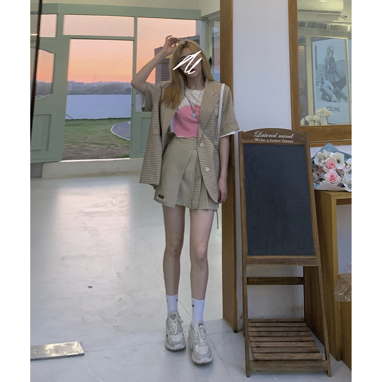 DREAM SEVEN77 Salt Department Leisure temperament Plaid Short Sleeves Suit Jacket Thyme 2-2 Suits Women's Autumn