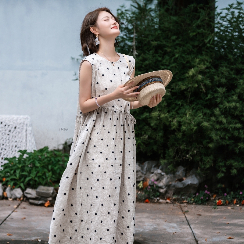 New Chinese Style Heavy Embroidery Polka Dot/100% Linen/Waist Drawstring Women's Sleeveless Dress Vintage Artistic Summer