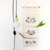 Chic Korean wind hand-painted illustrator Decorative Finishing Bag Beige Cotton Linen Three Pockets Hanging Bag Debris containing cloth bags