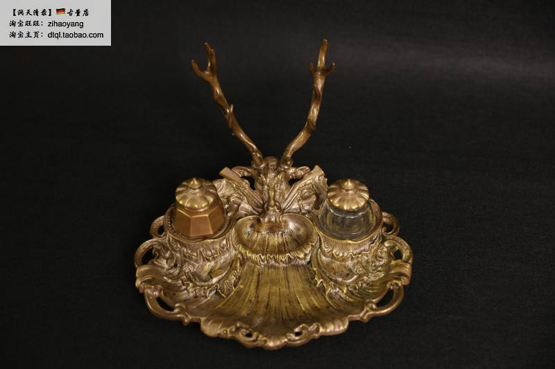 (original German product) 1880 Luc relief copper-gold pen holder ink box retro book house Decorative Genuine