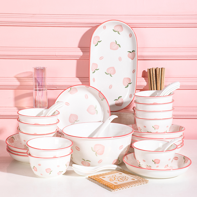 Internet-Famous Peach Bowl and Plate Set, Japanese-Style Household Ceramic Tableware, Bowl and Plate, Noodle Bowl, Soup Bowl, Couple Bowl and Chopsticks Set Internet-Famous Peach Bowl and Plate Set, Japanese-Style Household Ceramic Tableware, Bowl and Plate, Noodle Bowl, Soup Bowl, Couple Bowl and Chopsticks Set