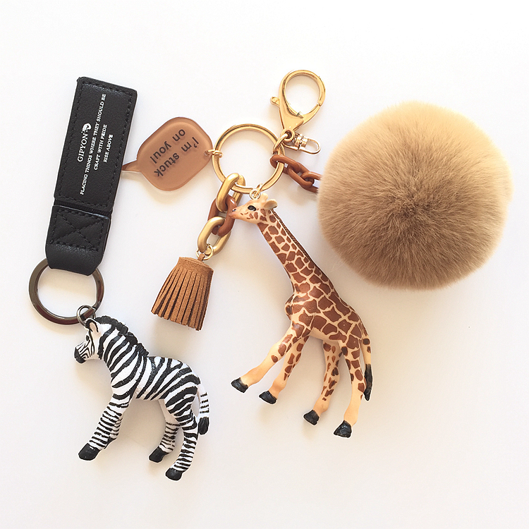 Keychain for Women, Korean Cute Zebra and Giraffe Bag Pendant, Car Key Chain, High-End Creative Pom-Pom Gift