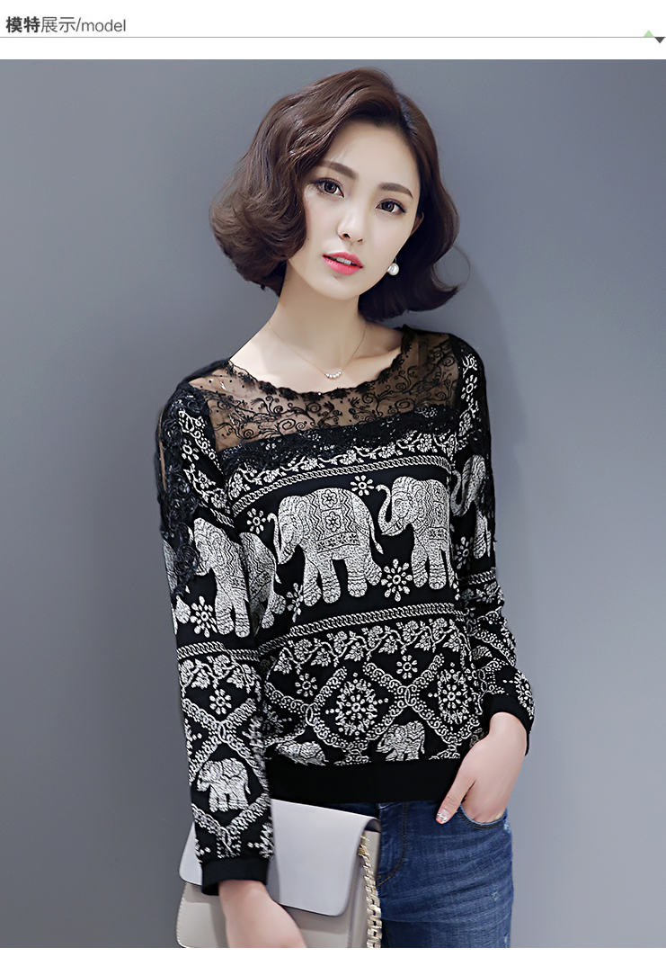 Mùa xuân 2017 mới ren đáy áo sơ mi nữ tay dài voan rộng kích thước lớn chất béo MM nhỏ áo sơ mi lưới openwork sơ mi nữ