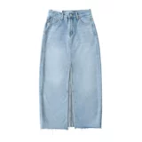 Джинсовая юбка, длинная юбка для отдыха, европейский стиль, высокая талия, с акцентом на бедрах, средней длины