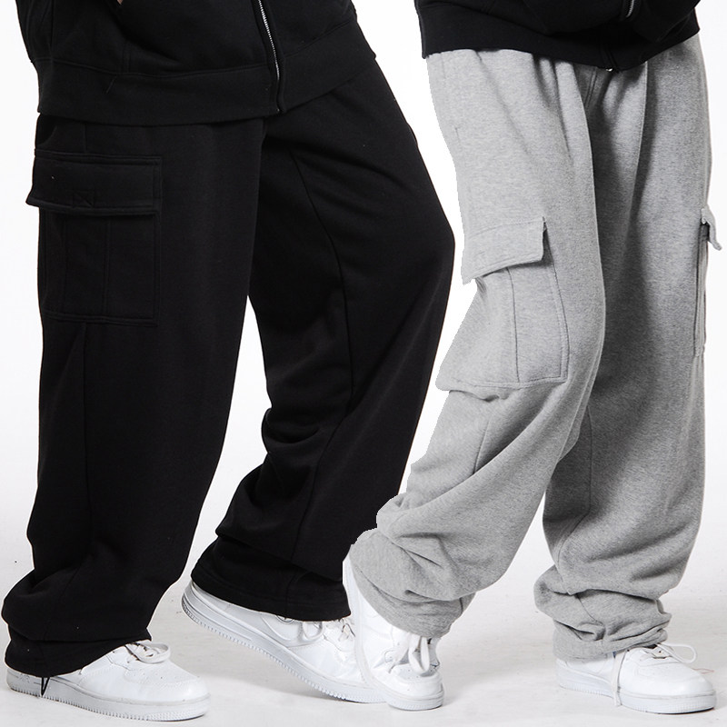 Plus velvet padded men's pants winter multi-pocket straight pants loose large size casual sweatpants pants fat pants tide tide