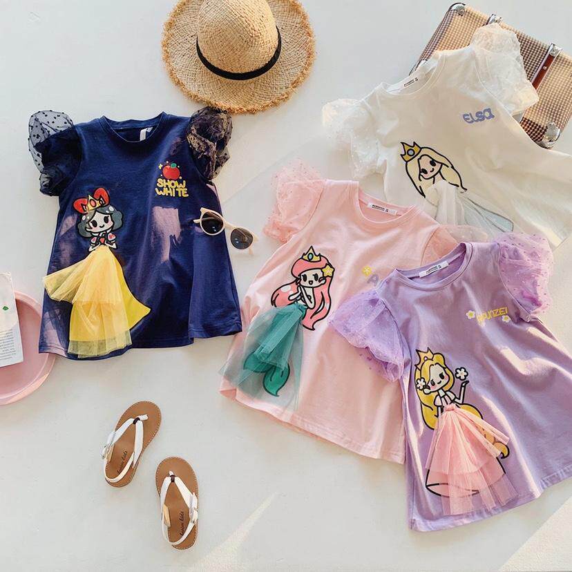 Child Clothing Girl Pure Cotton Short Sleeve Bubble Cuff Girl Cartoon Printed Solid Mesh Yarn T-shirt Skirt Girl Princess Dress-Taobao