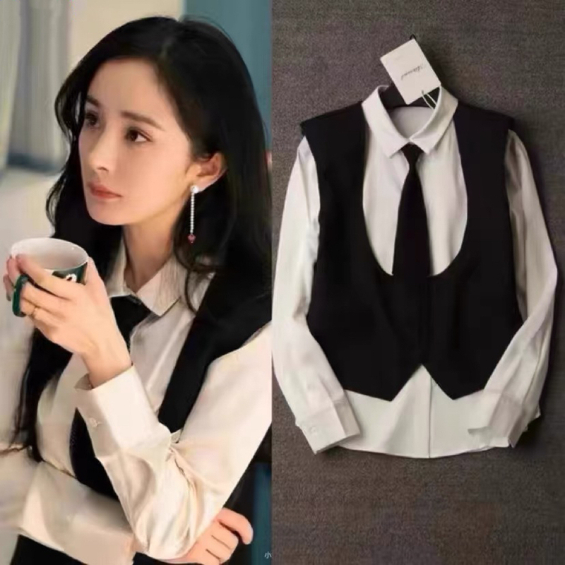 The 28/80 Law of Love: Yang Mi and Qin Shi's Matching Shirt and Vest Set for Women, White Tie Shirt, Professional Work Attire