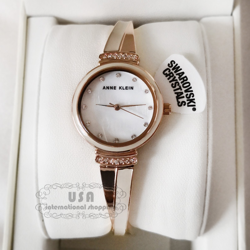 American Anne Klein Mother-Of-Pearl Rose Gold X-Shaped Cross Strap Crystal Nude Pink Women's Watch 2216 Free Shipping in Stock