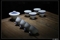 Sold out souvenir Seawater pattern hand-drawn blank underglaze blue and white hand-painted cover bowl Tea cup Fair cup Six-head set