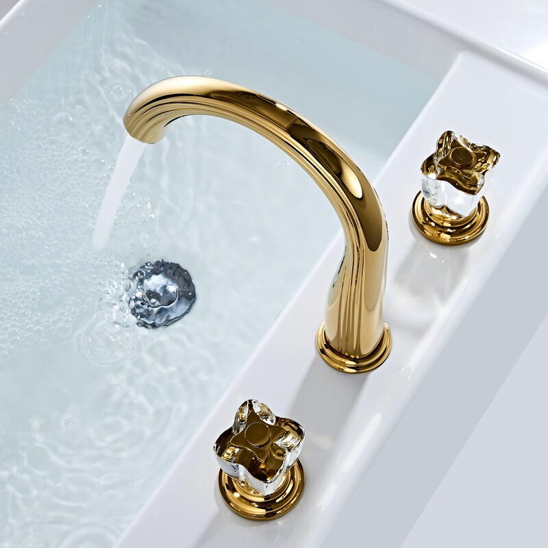 L0551 Gold Hot and Cold Three-Hole Basin Faucet for Washbasin, Bathroom, with Crystal Handle, Separate Unit