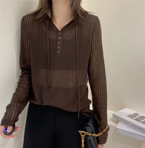 European station 2021 autumn new hooded half-open collar wool knitted pullover womens long-sleeved micro-perforated top