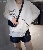 European station 2022 autumn new large version embroidered cat V-neck wool knitted cardigan womens thickened casual jacket tide
