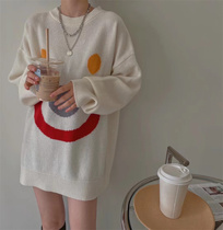 European station 2022 winter college style smiling face color matching cashmere sweater womens mid-length large version slim sweater