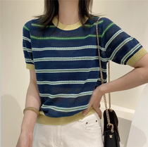 European station 2022 autumn new European goods striped color contrast round neck short-sleeved knitted sweater womens hollow bottoming top
