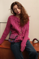 RAYNA-Greina Pink Sheep Sweatshirt Woman Single Row Buttoned Up Slim Knit Cardigan Winter New