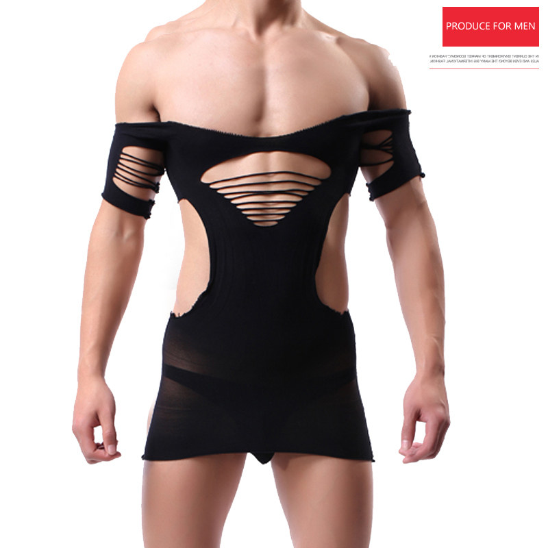 Men's stockings with men's short sleeve hollow hips net dress with a straight - up sock and a man's shoulder topper