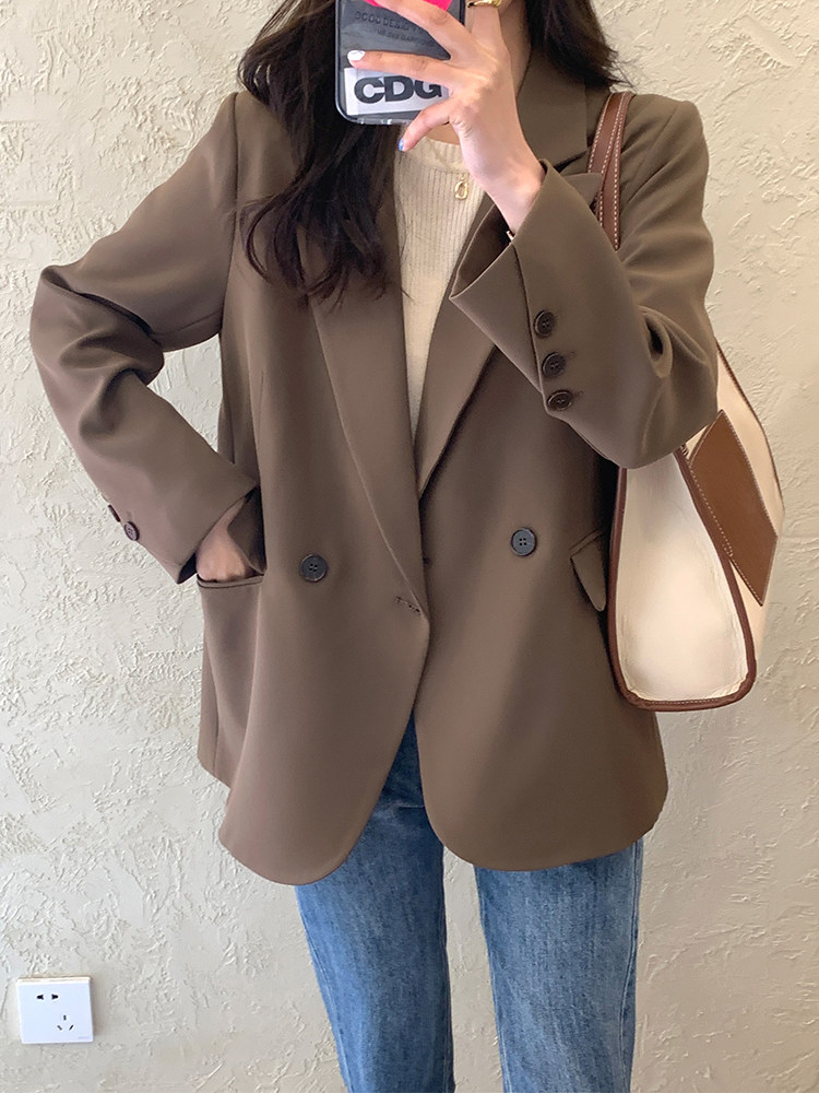 Korean suit top 2022 spring and autumn commuter fried street casual all-match loose coffee color double-breasted suit jacket women