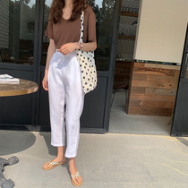 2022 Spring Summer White Cotton Linen Kharen Pants Woman Loose 100 Lap High Waist Straight Drum Pants Linen 90% Casual Pants Women Wave