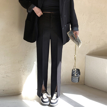 2022 spring and summer high waist 100 lap front open fork black pituality casual high waist long pants straight cylinder Western-fitting pants female supermodel pants