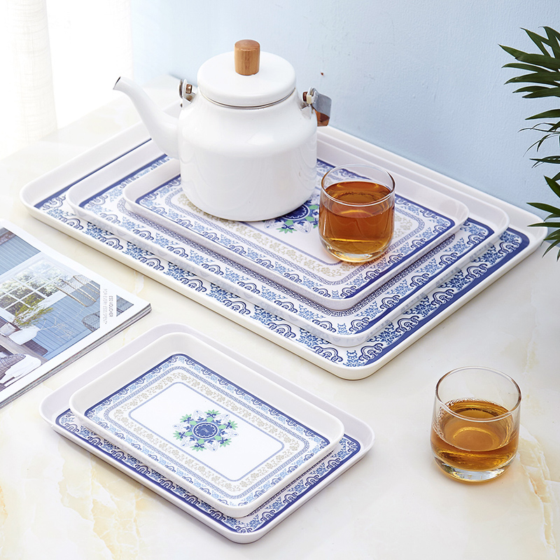 Rectangular tray Household put teacup plate Blue and white porcelain new Chinese style glass creative coffee table Fruit plate vintage