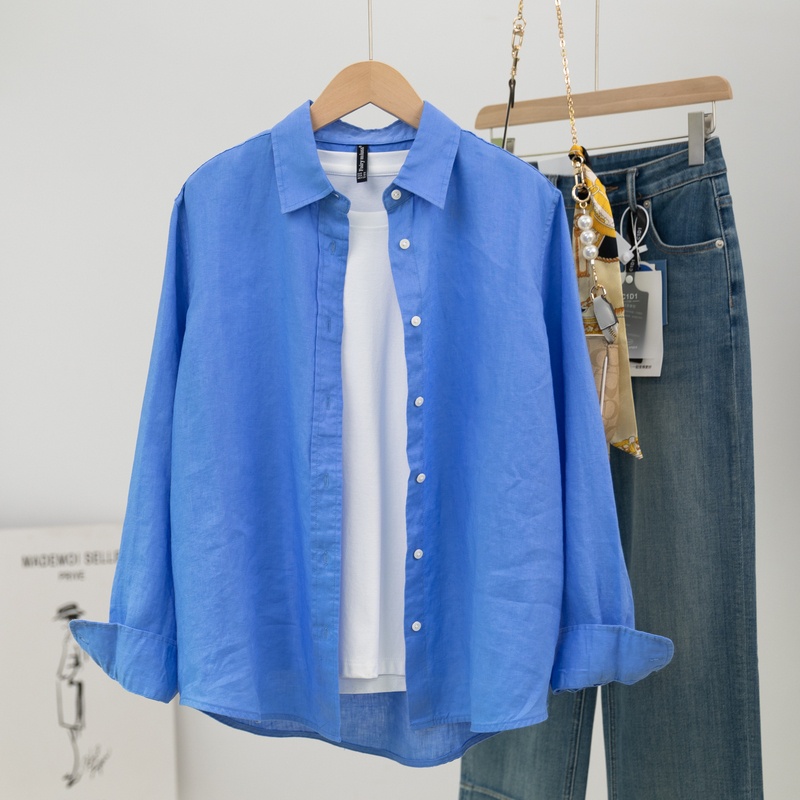 High-End Light Luxury Blue Linen Shirt for Women, Long-Sleeved Old Money Style Shirt, Loose Casual Sun Protection Top