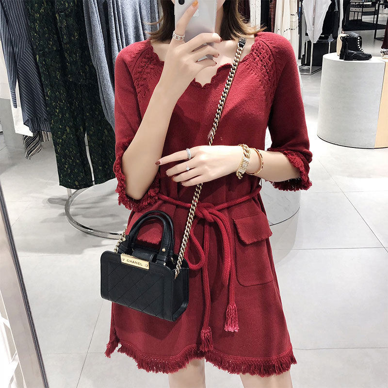 Sandro Vicari red knitted dress female spring and summer temperament is loose and thin with ice wire short skirt