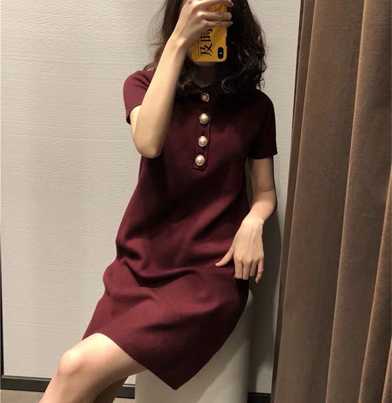 Sandro Vicari red dress women's 2021 summer new temperament age-reducing straight polo skirt