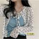 FlowerDay~Blueberry small floral lace-up short cardigan Korean soft girl loose long-sleeved sun protection shirt top