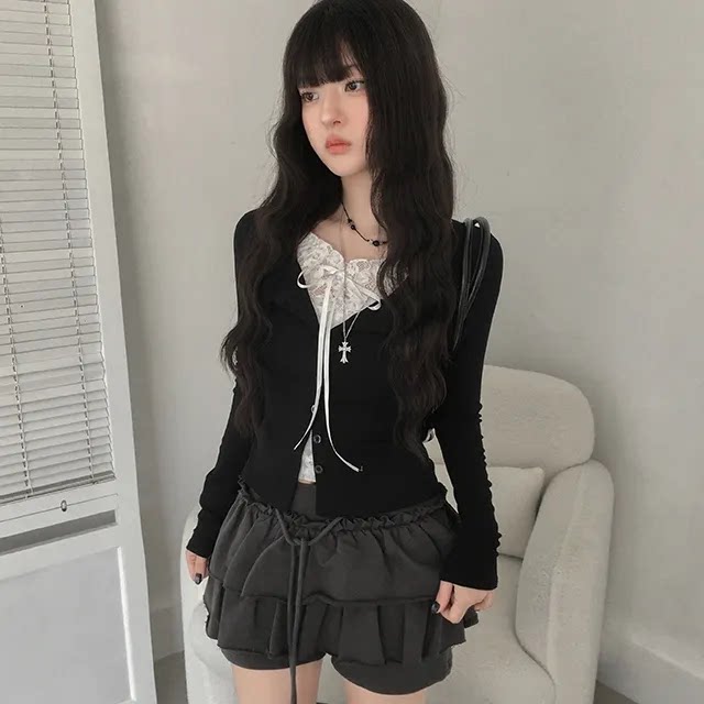 Spring Diary Ballet Style Lace Tie Long-Sleeve T-Shirt Pure and Sexy Short Versatile Black Top