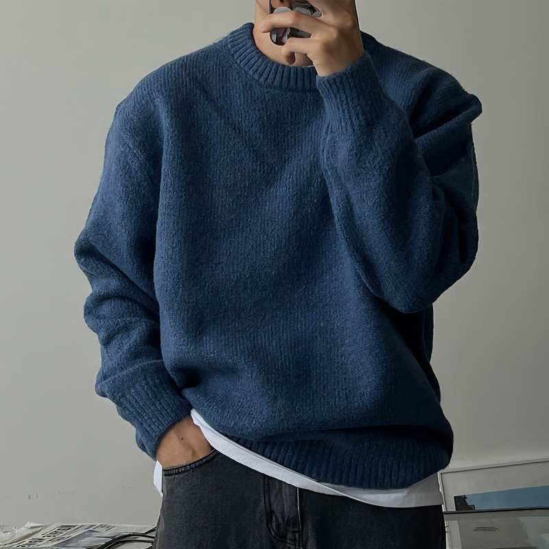 Klein Blue Round Neck Pullover Knit Sweater for Men, Spring and Autumn, Korean Dongdaemun, Thickened Drop Shoulder Sweater Jacket