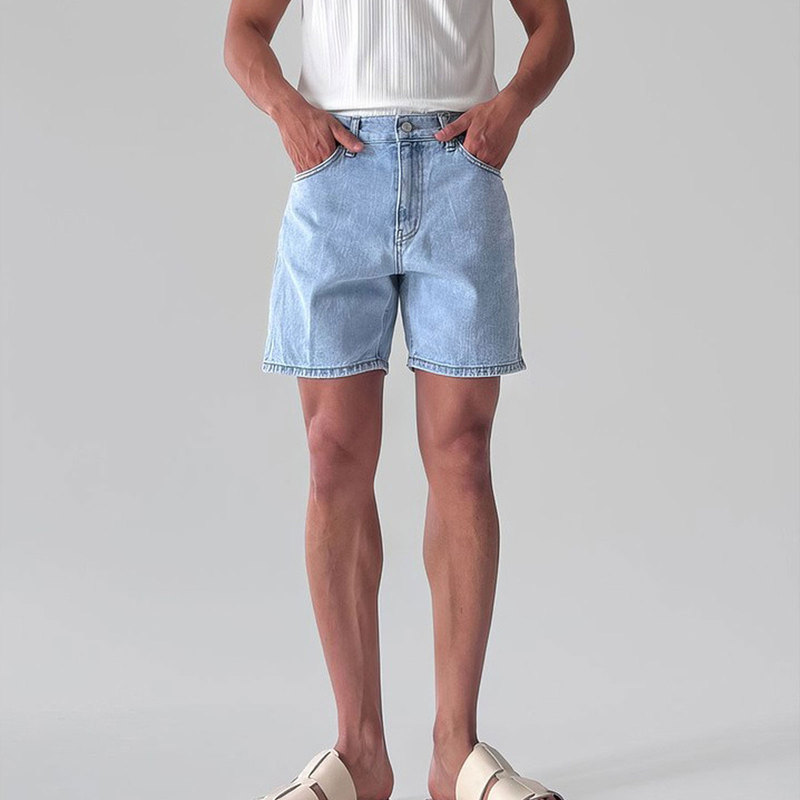 Light Blue Denim Shorts for Men, Summer American Style, Heavy-Duty Washed and Distressed Mid-Length Shorts, Niche Basic Straight-Leg Quarter Pants