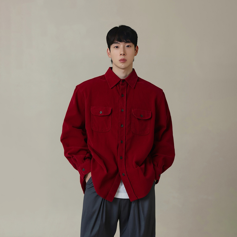 798 Design Red Corduroy Heavy Long-Sleeved Shirt for Men, Autumn and Winter, Festive Inner Shirt for the New Year