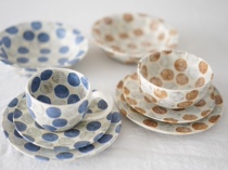 Japanese pottery writer handmade water jade dots cups and saucers bowls dessert bowls