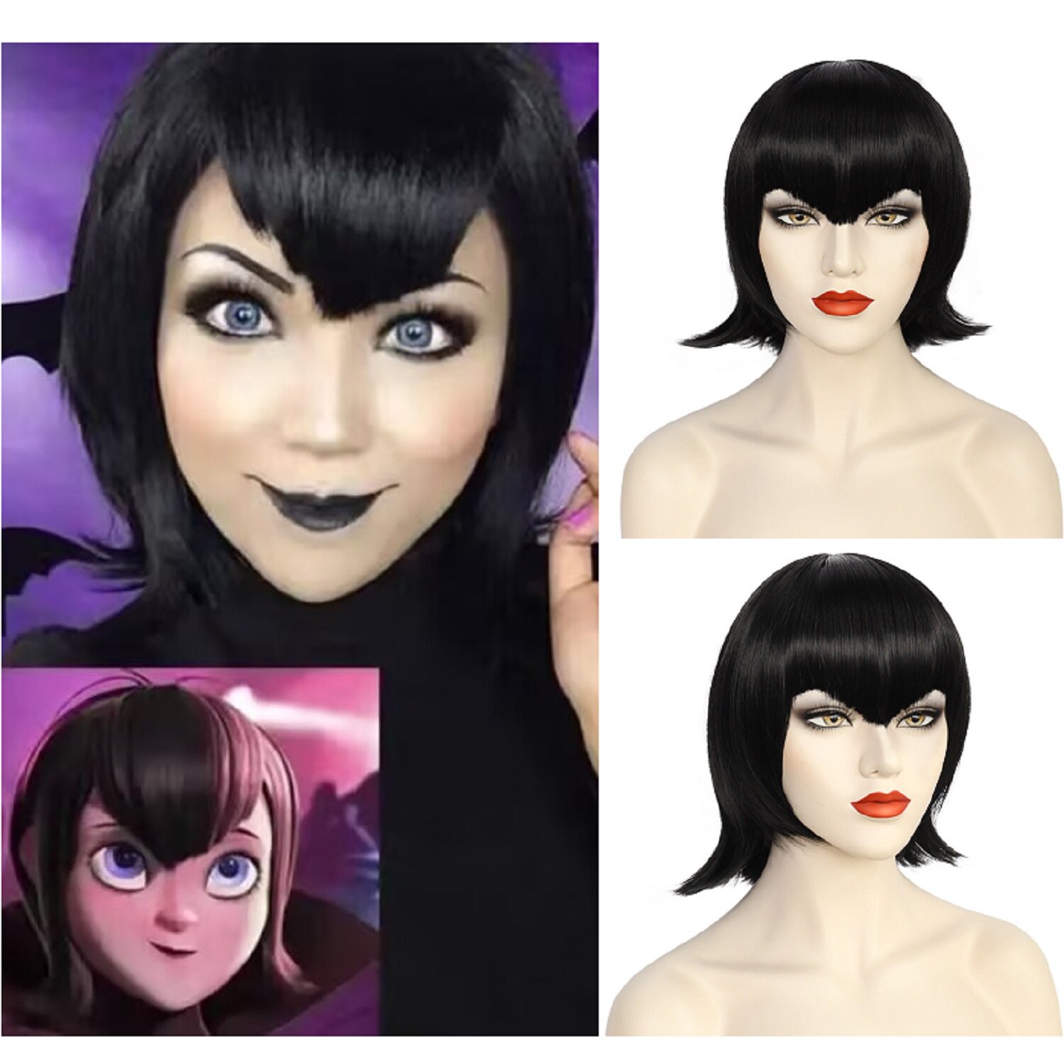 Mavis, the vampire girl from Hotel Transylvania, with her short, black, upturned hair, is a full-body wig and cosplay wig for anime cosplay.