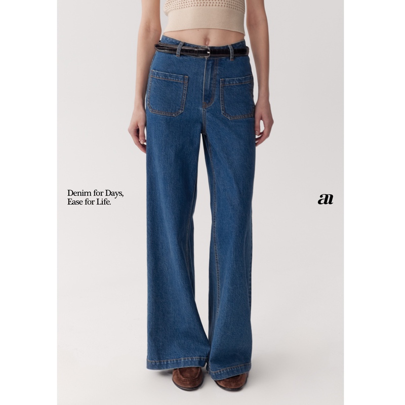 Madeinam【W3 Paris Girl Pocket Pants】Slightly Stretchy Denim Vintage High-Waisted Front Pocket Wide-Leg Jeans