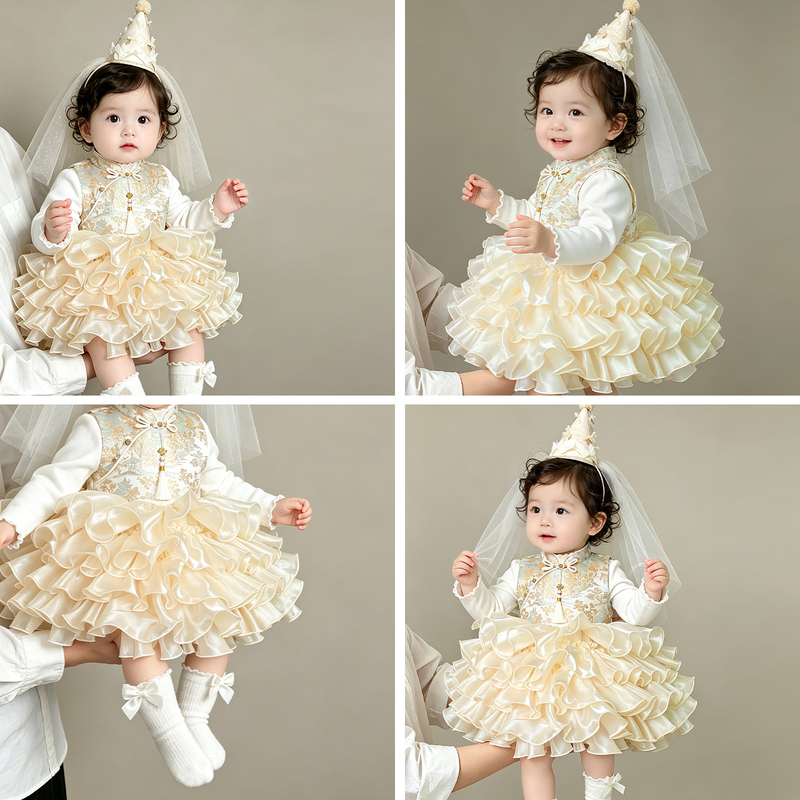 One-Year-Old Girl's Dress for Autumn and Winter, Chinese-Style Apricot-Colored High-End Birthday Party Dress, Puffy Skirt, Girl's Princess Dress