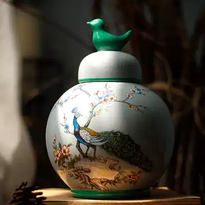 New Chinese ceramic storage tank ornaments living room storage tank with lid American creative ins wind round decorative jar