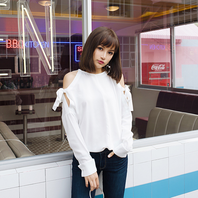 周小熊BEARUN 小清新纯色露肩蝴蝶结系带衬衫休闲百搭衬衣上衣女