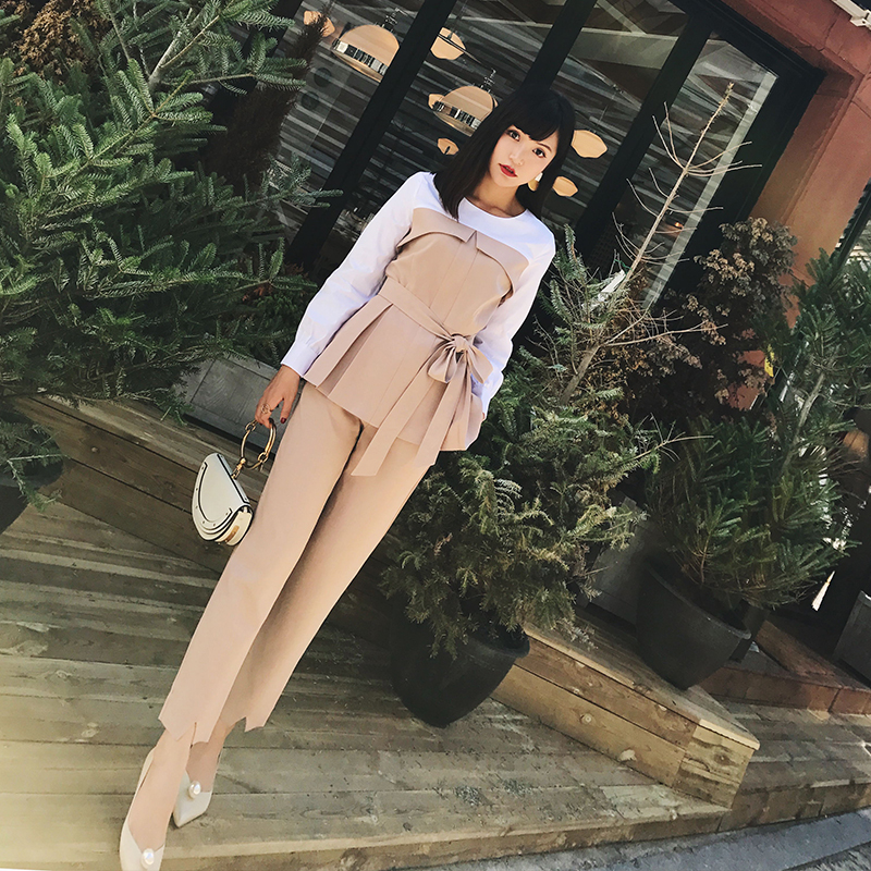 周小熊 秋季长袖套装女时尚拼接气质韩版百搭修身显瘦两件套潮