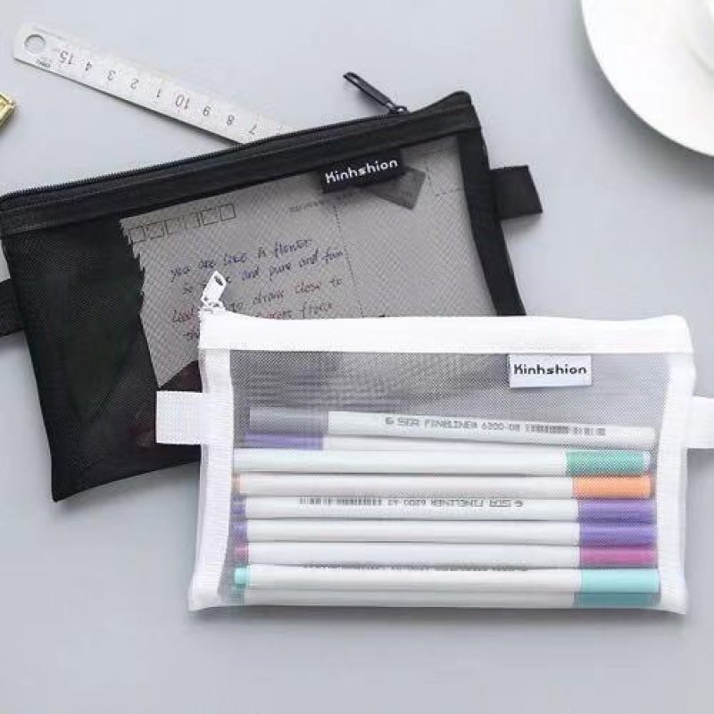Korean simple transparent mesh pen bag storage bag Student exam special portable pen bag Large capacity stationery box