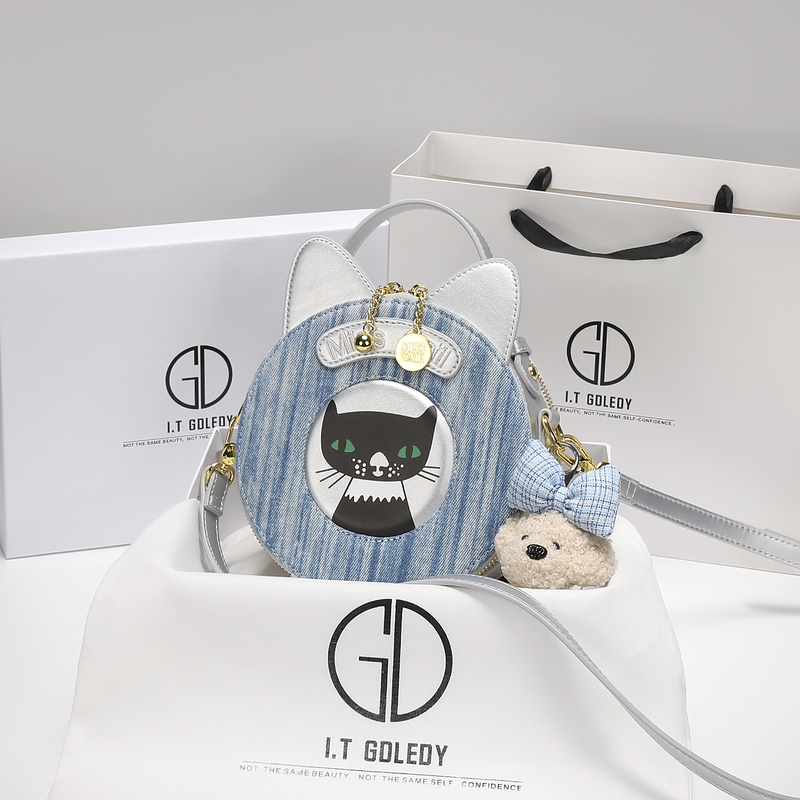 Itgdledy Niche Design Denim Cat Round Bag for Girls 2026 New Crossbody Bag Birthday Gift
