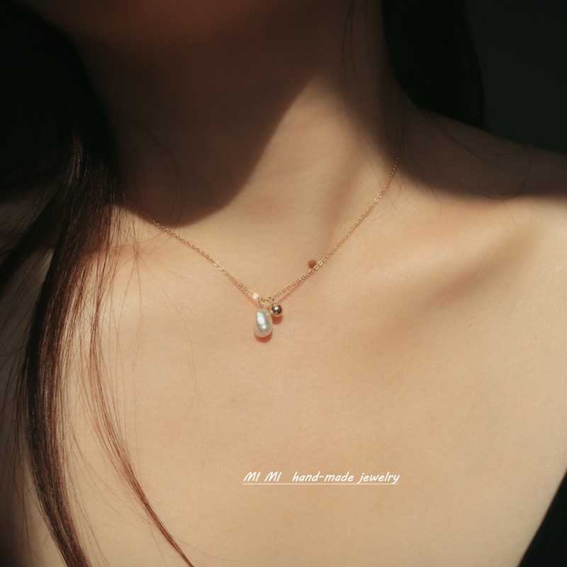 MIMI French style does not fade the US 14K bag gold rare baroque natural pearl necklace lock bone chain neck chain-Taobao